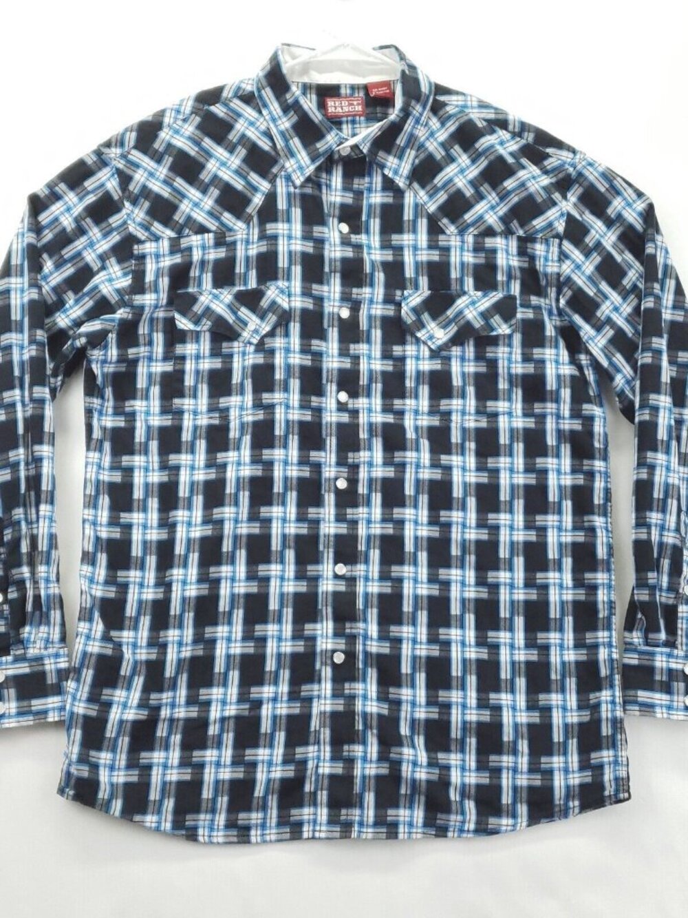 Red Ranch Shirt Mens Large Black White Plaid Cotton Pockets Western Pearl Snap